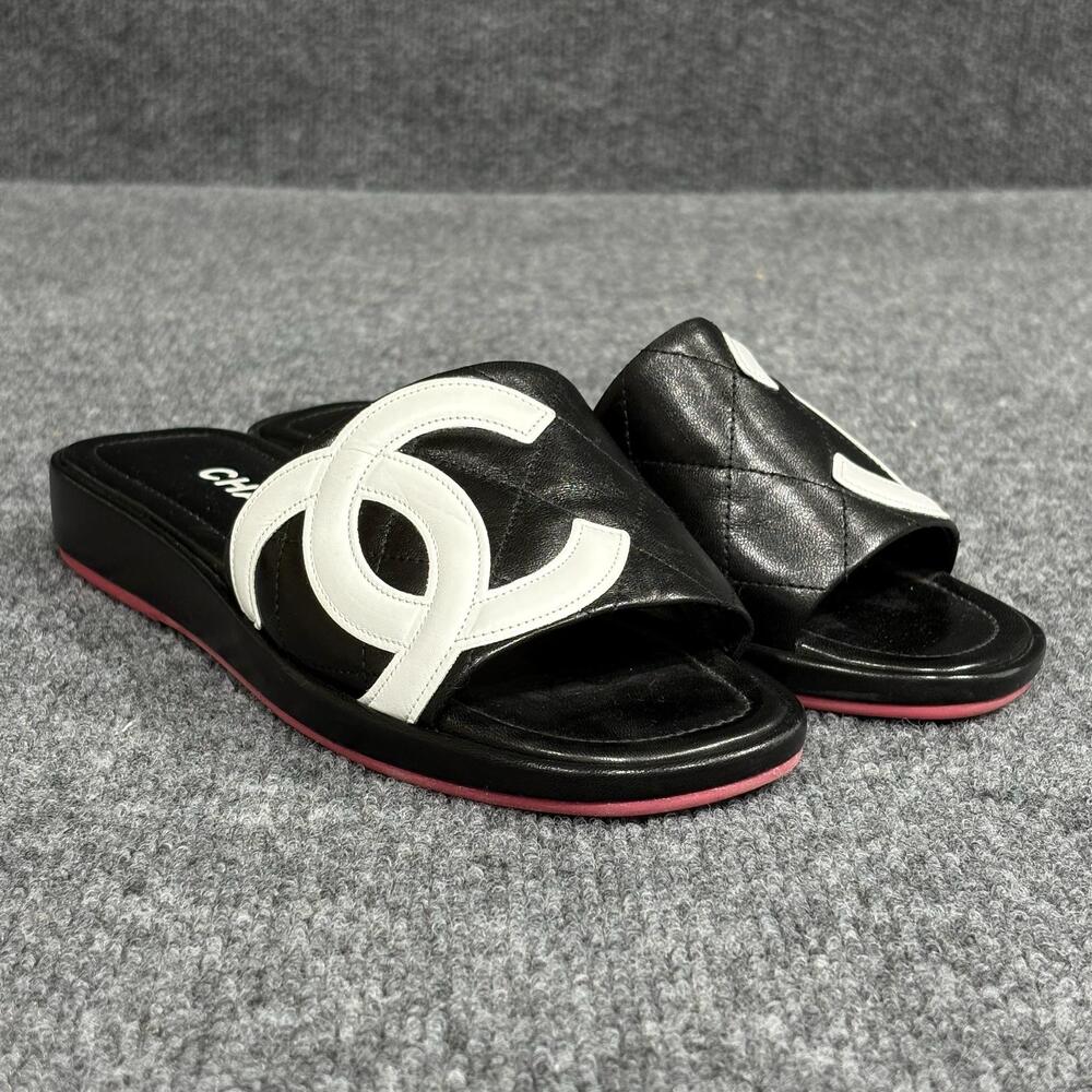 Chanel Cambon Slide Sandals Womens 5.5 Black Leather Quilted Logo Flat Shoe Pink